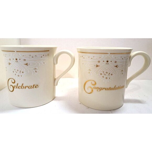 Lenox Set of 2 Bone China Mugs "Congratulations" and "Celebrate" Made in USA - Picture 2 of 12